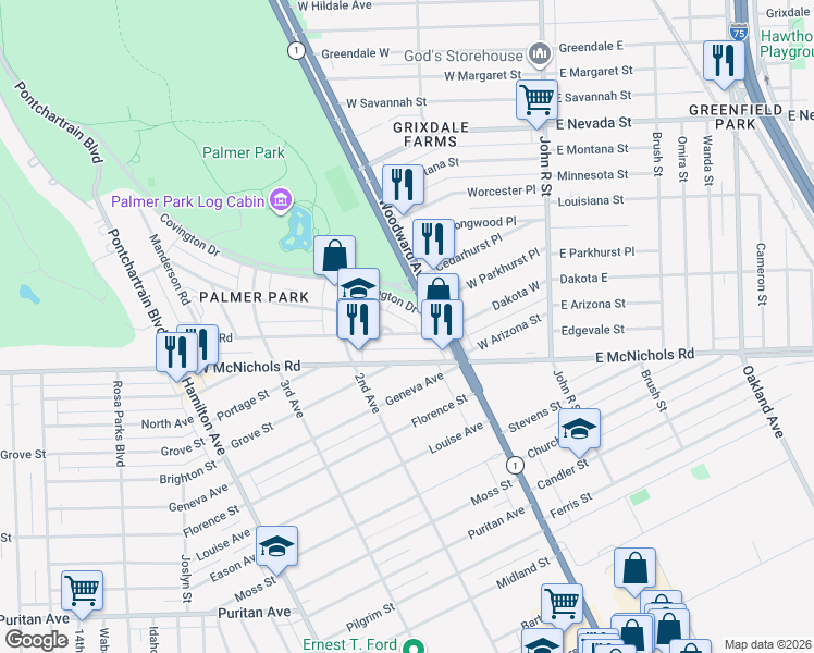 map of restaurants, bars, coffee shops, grocery stores, and more near 276 West McNichols Road in Detroit