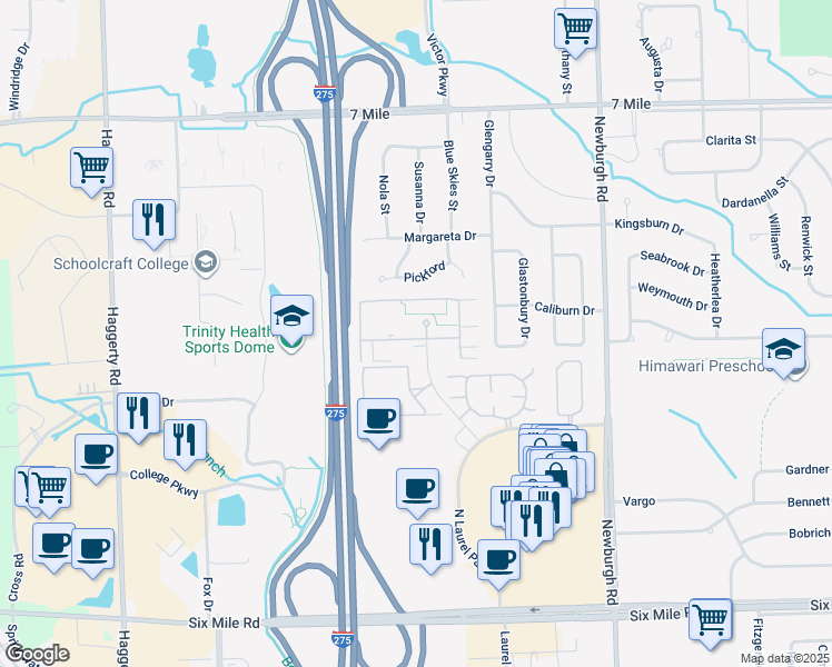 map of restaurants, bars, coffee shops, grocery stores, and more near 18417 University Park Drive in Livonia