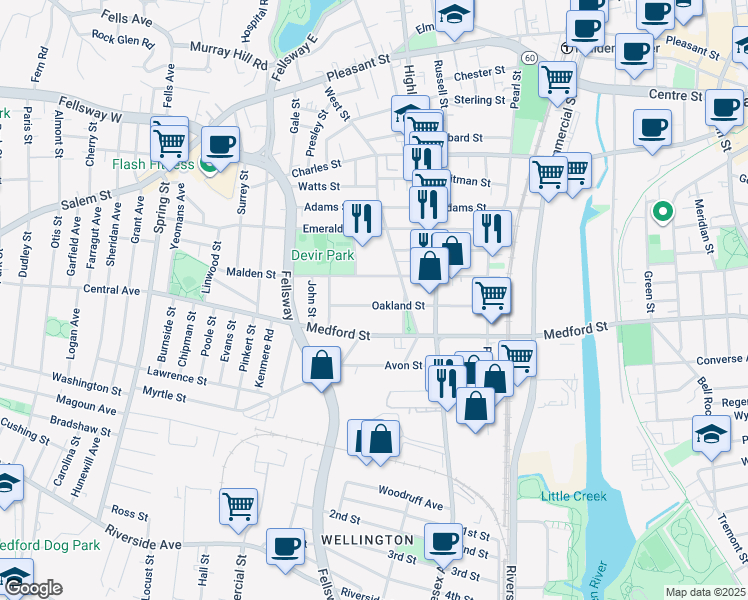 map of restaurants, bars, coffee shops, grocery stores, and more near 121 Oakland Street in Malden