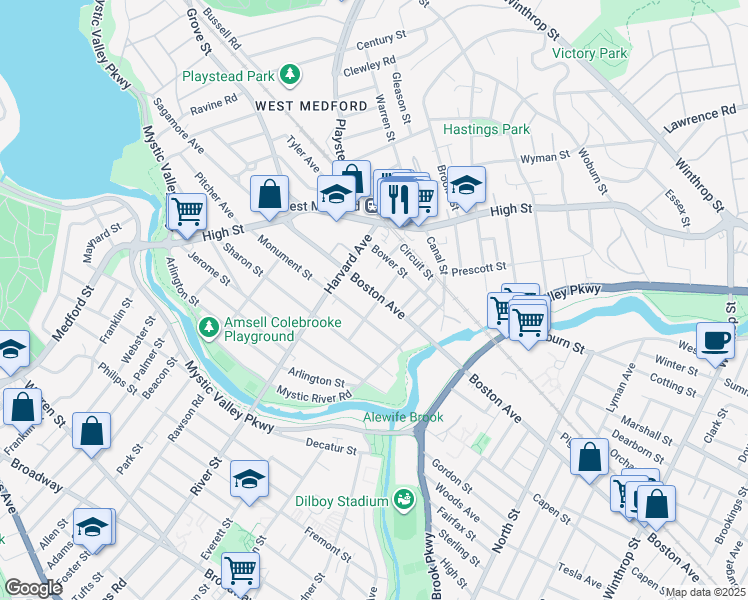 map of restaurants, bars, coffee shops, grocery stores, and more near 89 Boston Avenue in Medford