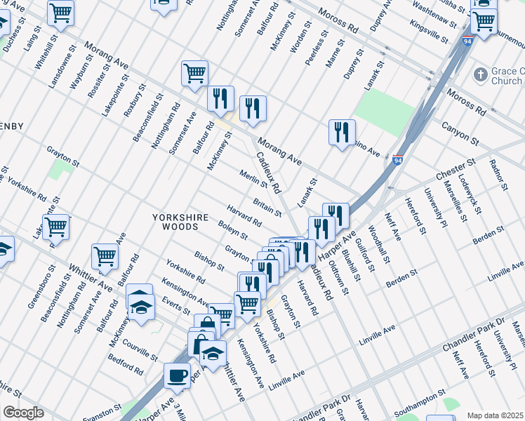 map of restaurants, bars, coffee shops, grocery stores, and more near 9250 Harvard Road in Detroit