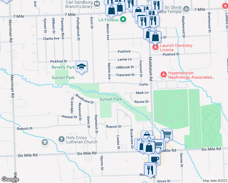 map of restaurants, bars, coffee shops, grocery stores, and more near 18066 Curtis Court in Livonia