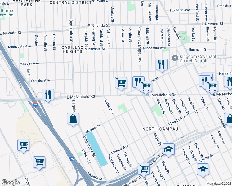 map of restaurants, bars, coffee shops, grocery stores, and more near 2523 East McNichols Road in Detroit