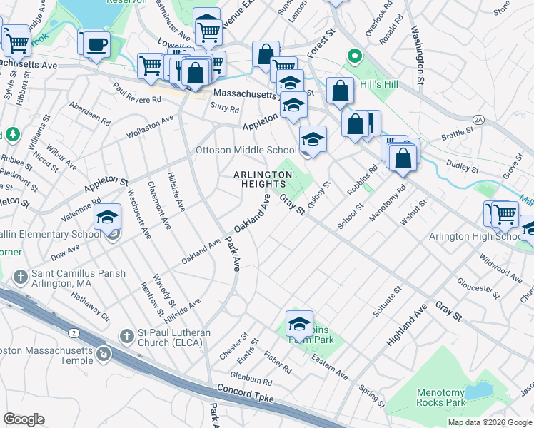 map of restaurants, bars, coffee shops, grocery stores, and more near 94 Oakland Avenue in Arlington