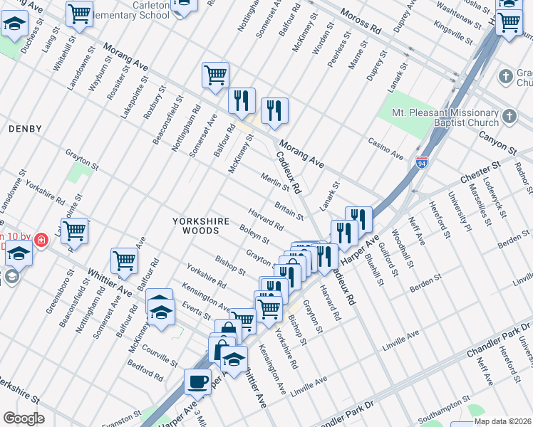 map of restaurants, bars, coffee shops, grocery stores, and more near 9313 Harvard Road in Detroit