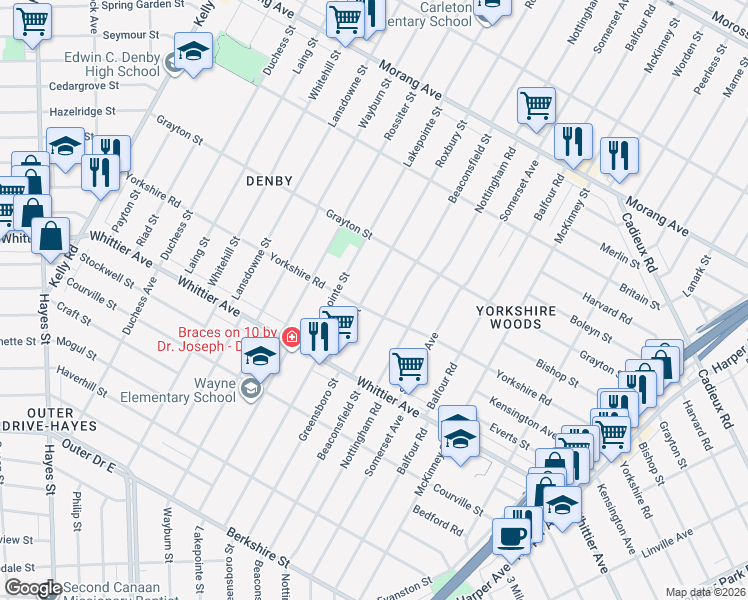 map of restaurants, bars, coffee shops, grocery stores, and more near 10918 Roxbury Street in Detroit