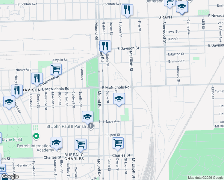 map of restaurants, bars, coffee shops, grocery stores, and more near 13784 Gable Street in Hamtramck