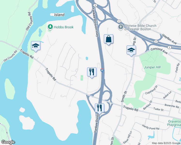 map of restaurants, bars, coffee shops, grocery stores, and more near 1601 Trapelo Road in Waltham