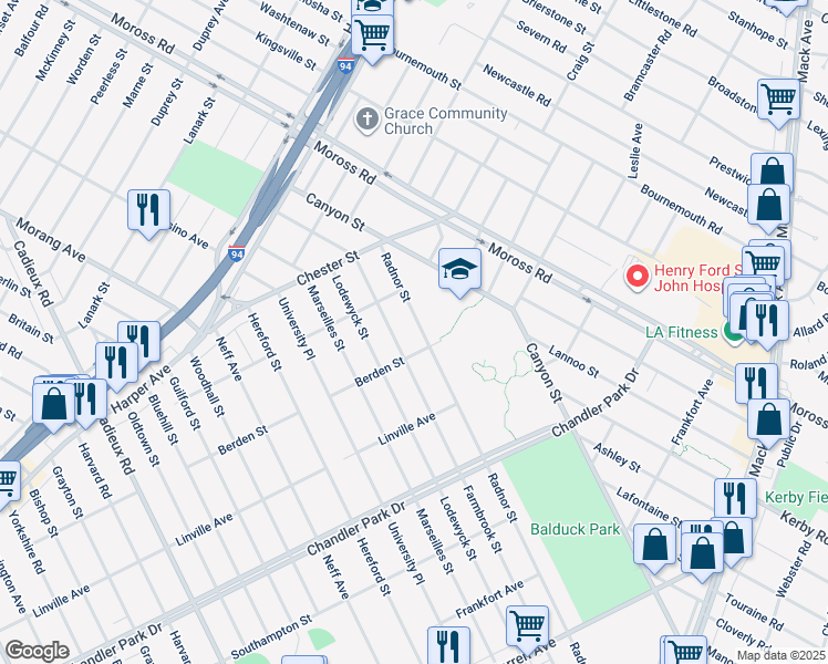map of restaurants, bars, coffee shops, grocery stores, and more near 6137 Radnor Street in Detroit