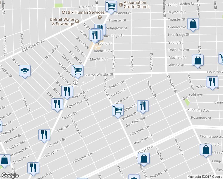 map of restaurants, bars, coffee shops, grocery stores, and more near 13036 Filbert Avenue in Detroit