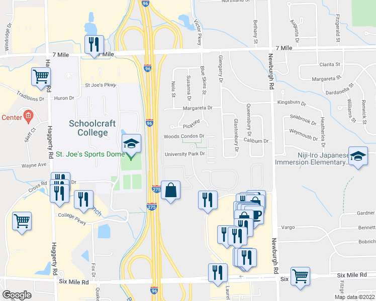 map of restaurants, bars, coffee shops, grocery stores, and more near 18417 University Park Drive in Livonia