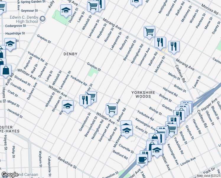 map of restaurants, bars, coffee shops, grocery stores, and more near 10720 Beaconsfield Street in Detroit