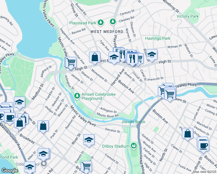 map of restaurants, bars, coffee shops, grocery stores, and more near 79 Harvard Avenue in Medford