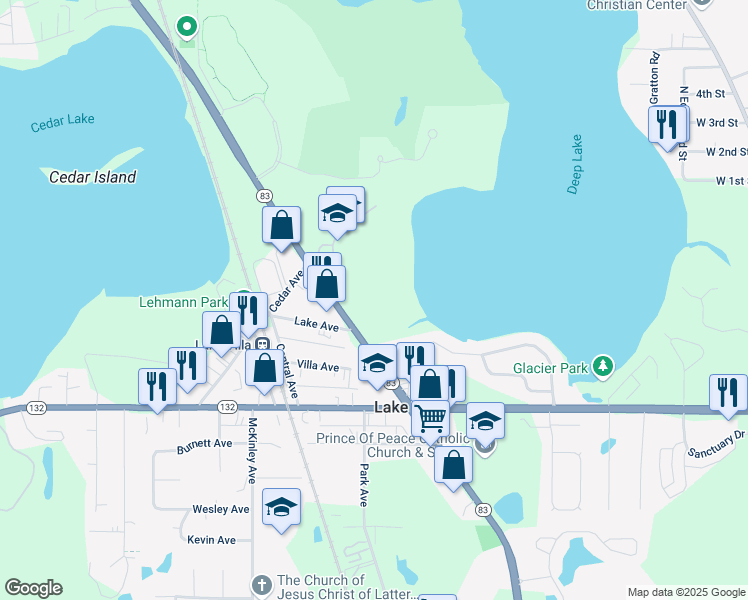 map of restaurants, bars, coffee shops, grocery stores, and more near 153 North Milwaukee Avenue in Lake Villa