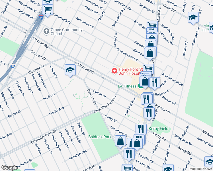 map of restaurants, bars, coffee shops, grocery stores, and more near 5662 Hillcrest Street in Grosse Pointe