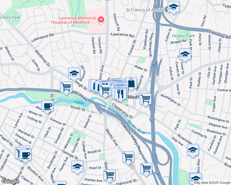 map of restaurants, bars, coffee shops, grocery stores, and more near 19 Forest Street in Medford