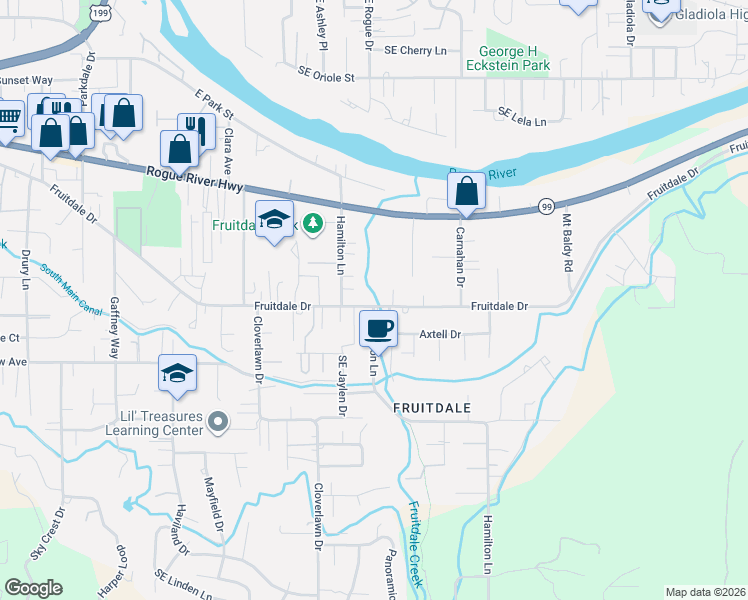 map of restaurants, bars, coffee shops, grocery stores, and more near 1551 Fruitdale Drive in Grants Pass