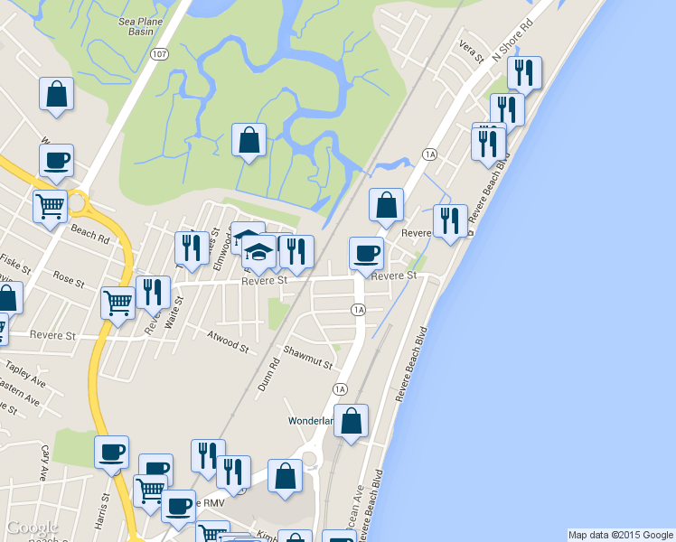 map of restaurants, bars, coffee shops, grocery stores, and more near 489 Revere Street in Revere