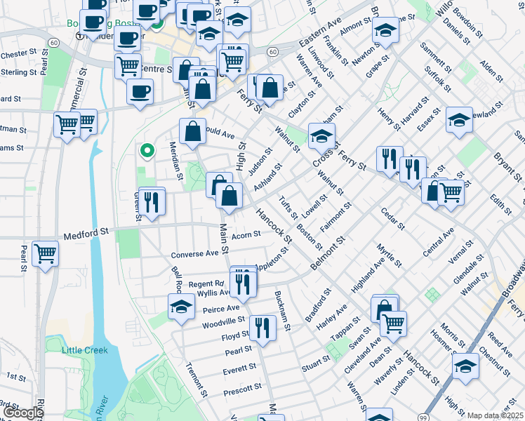 map of restaurants, bars, coffee shops, grocery stores, and more near 30 Hancock Street in Malden