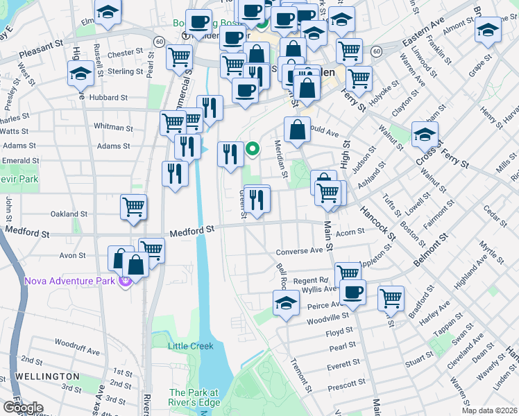 map of restaurants, bars, coffee shops, grocery stores, and more near 14 Berry Street in Malden