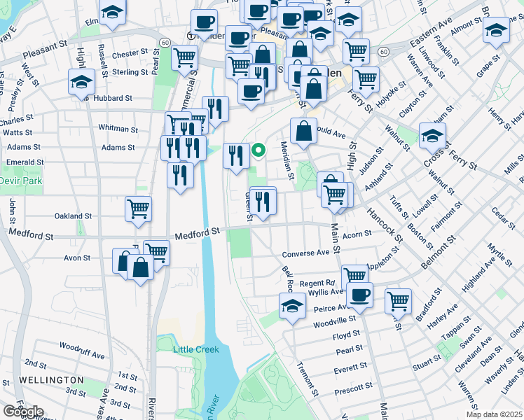 map of restaurants, bars, coffee shops, grocery stores, and more near 14 Berry Street in Malden