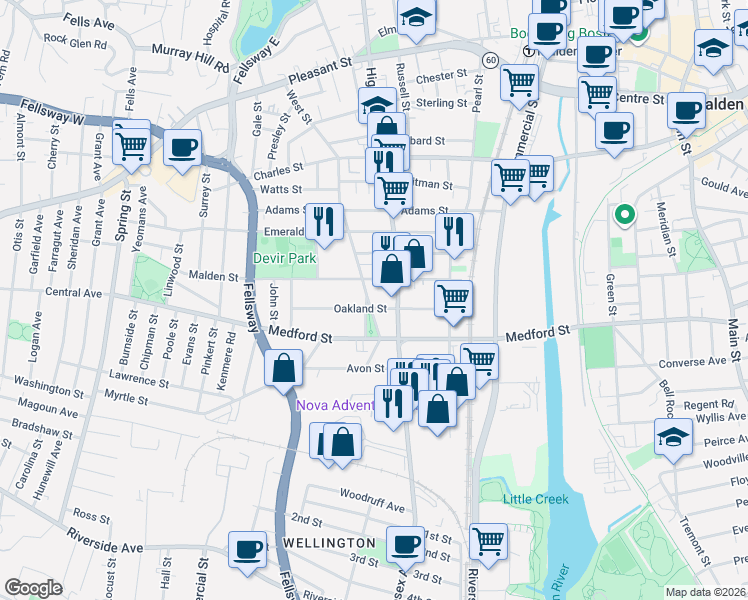 map of restaurants, bars, coffee shops, grocery stores, and more near in Malden