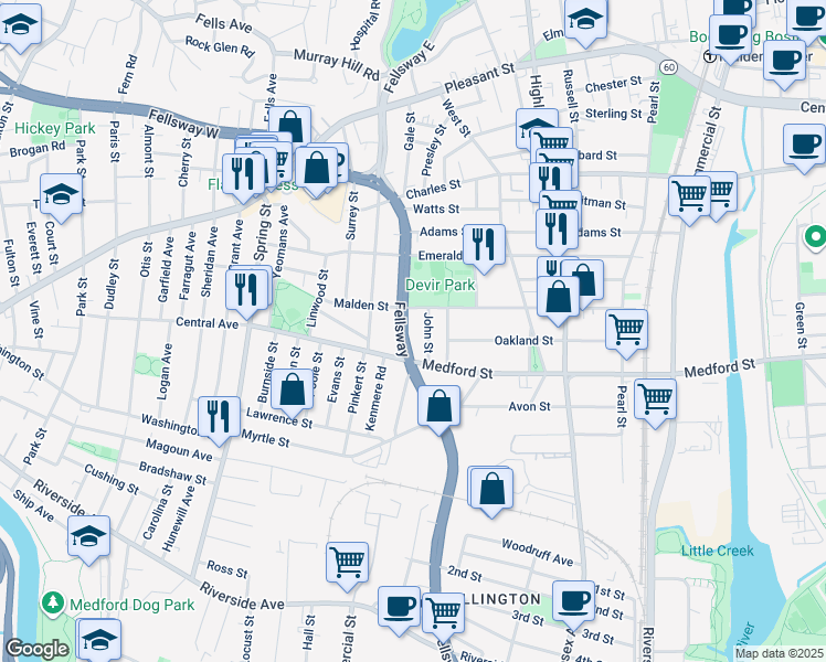 map of restaurants, bars, coffee shops, grocery stores, and more near 1096 Fellsway in Medford