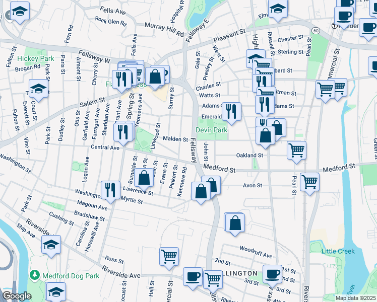 map of restaurants, bars, coffee shops, grocery stores, and more near 1096 Fellsway in Medford