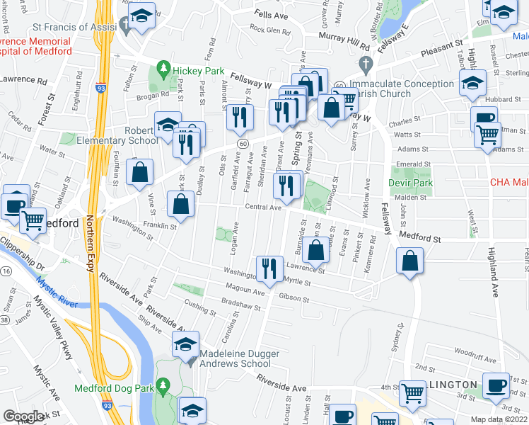map of restaurants, bars, coffee shops, grocery stores, and more near 59 Sheridan Avenue in Medford