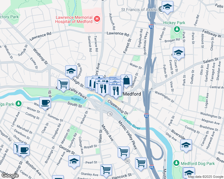 map of restaurants, bars, coffee shops, grocery stores, and more near in Medford