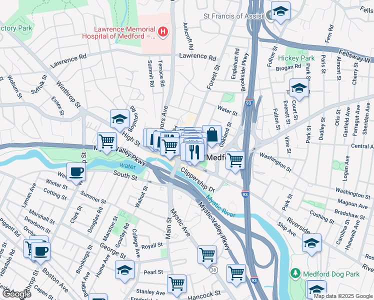 map of restaurants, bars, coffee shops, grocery stores, and more near in Medford