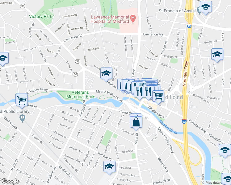 map of restaurants, bars, coffee shops, grocery stores, and more near in Medford