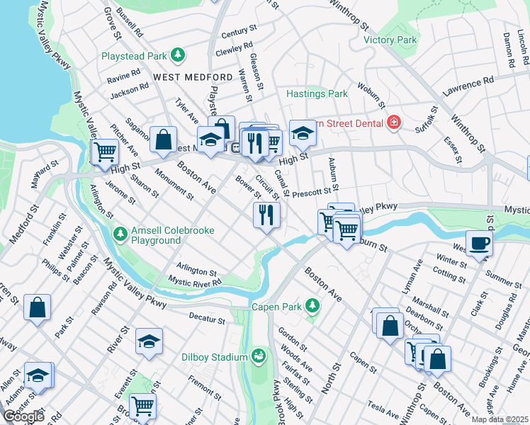map of restaurants, bars, coffee shops, grocery stores, and more near 11 Tontine Street in Medford