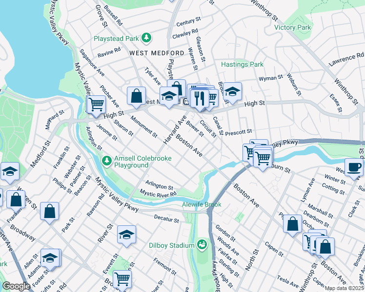 map of restaurants, bars, coffee shops, grocery stores, and more near 89 Boston Avenue in Medford