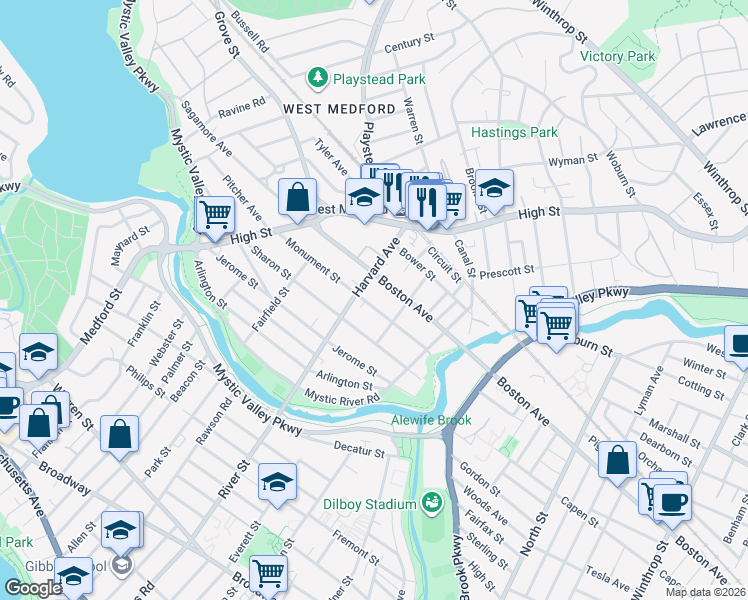 map of restaurants, bars, coffee shops, grocery stores, and more near 95 Monument Street in Medford