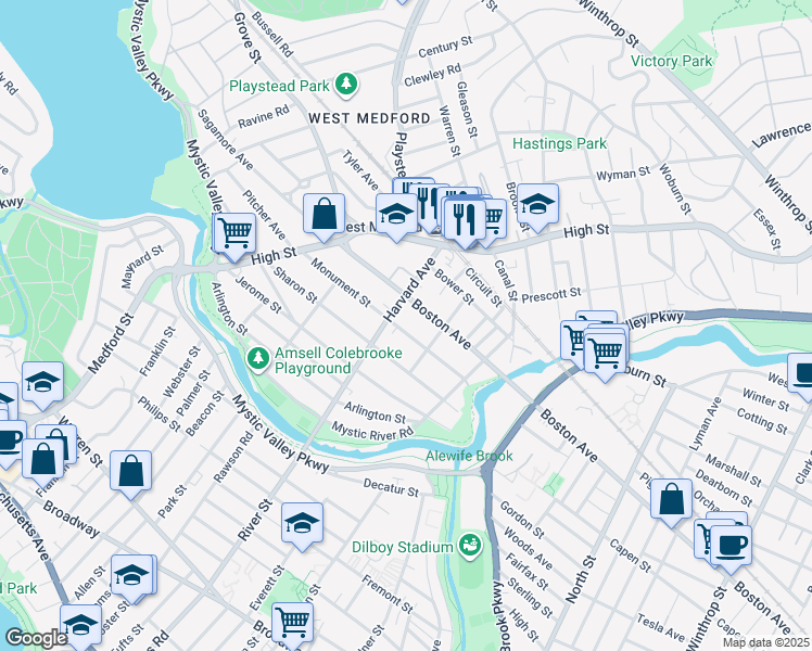 map of restaurants, bars, coffee shops, grocery stores, and more near 95 Monument Street in Medford