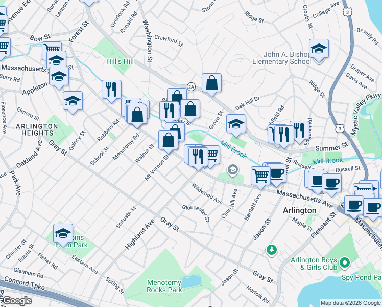 map of restaurants, bars, coffee shops, grocery stores, and more near 935 Massachusetts Avenue in Arlington