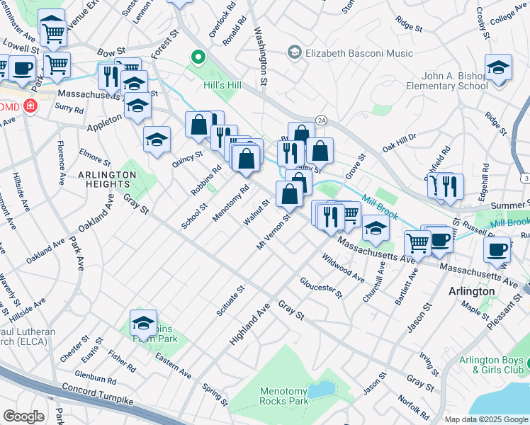 map of restaurants, bars, coffee shops, grocery stores, and more near 13 Walnut Court in Arlington