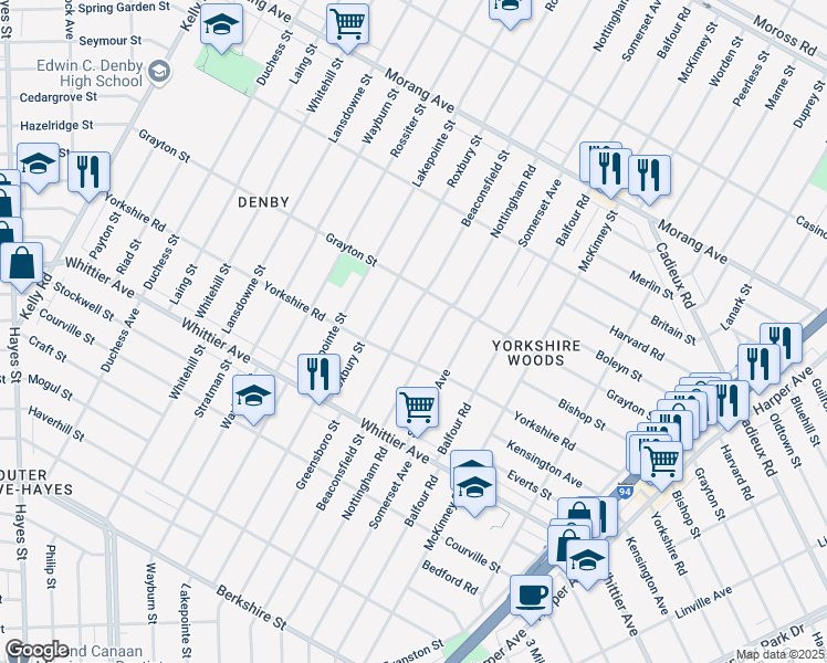 map of restaurants, bars, coffee shops, grocery stores, and more near 10720 Beaconsfield Street in Detroit