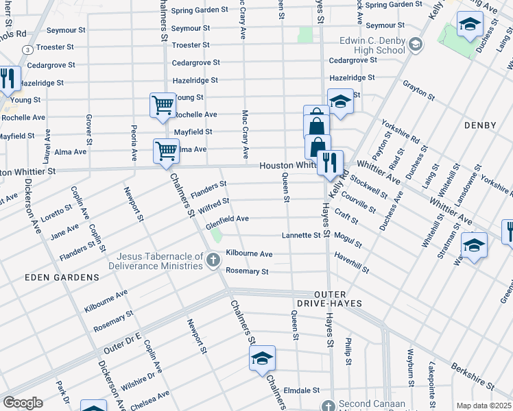 map of restaurants, bars, coffee shops, grocery stores, and more near 14759 Glenfield Avenue in Detroit