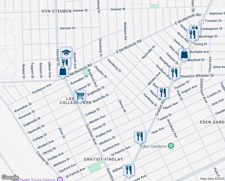 map of restaurants, bars, coffee shops, grocery stores, and more near 12070 Nashville Street in Detroit