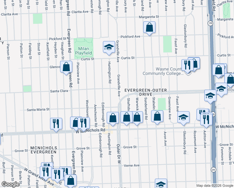 map of restaurants, bars, coffee shops, grocery stores, and more near 17365 Grandville Avenue in Detroit