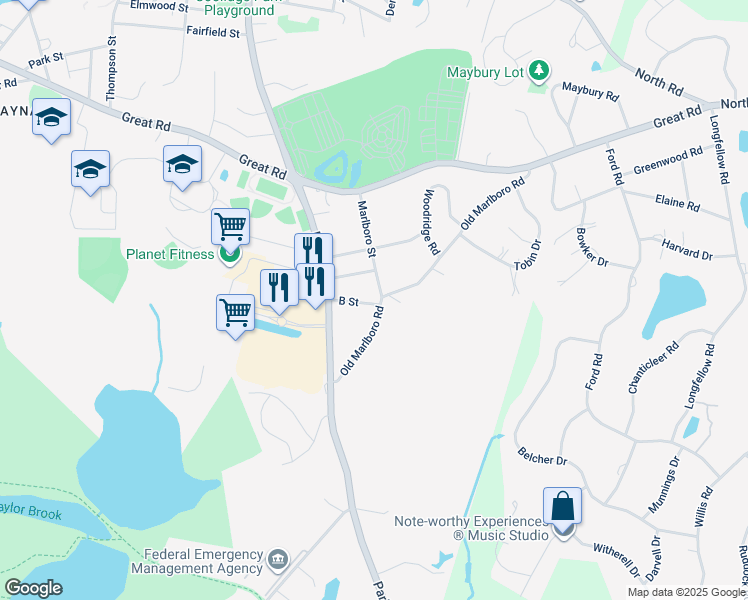 map of restaurants, bars, coffee shops, grocery stores, and more near 5 B Street in Maynard