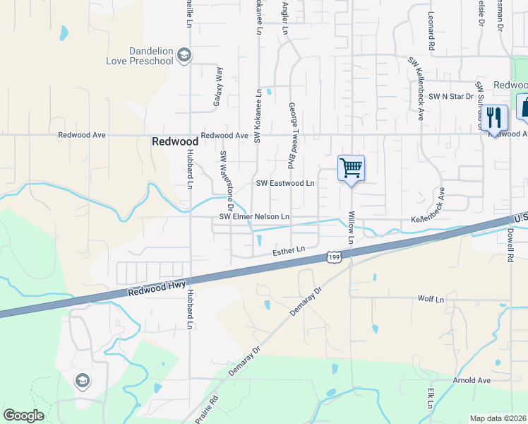 map of restaurants, bars, coffee shops, grocery stores, and more near 2736 Southwest Elmer Nelson Lane in Grants Pass
