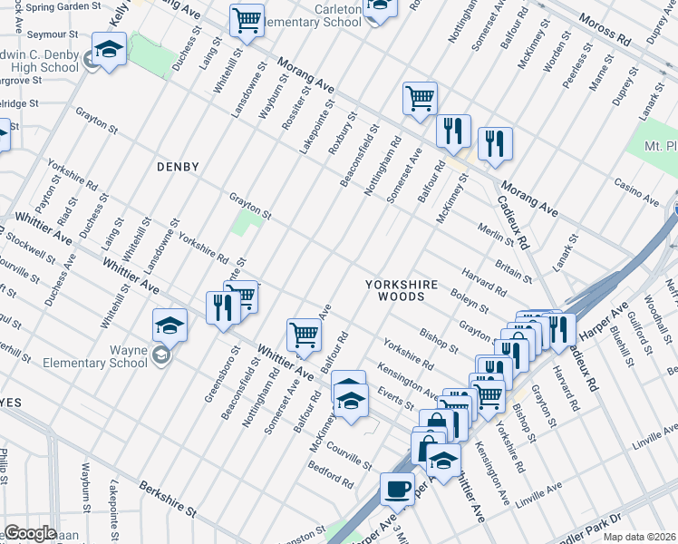 map of restaurants, bars, coffee shops, grocery stores, and more near 10584 Somerset Avenue in Detroit