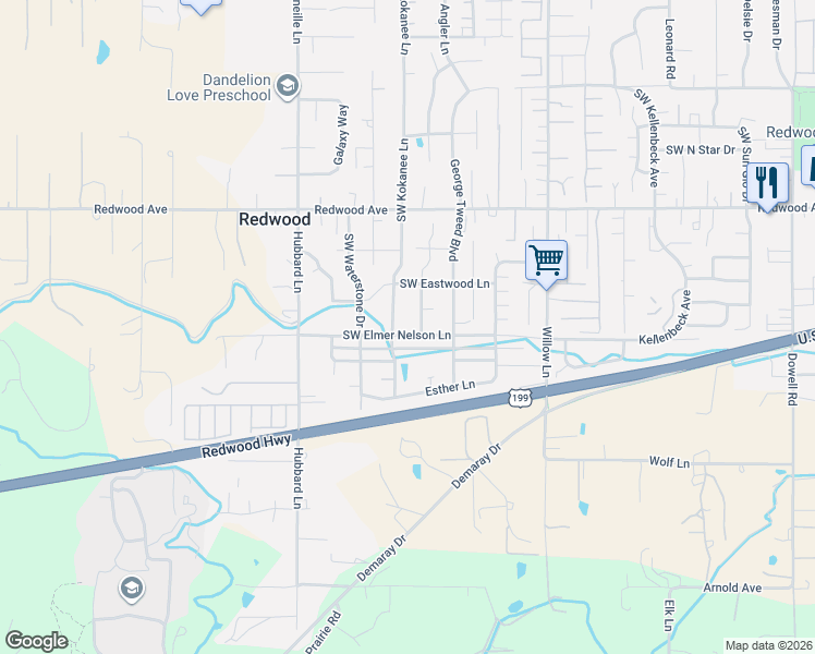 map of restaurants, bars, coffee shops, grocery stores, and more near 2812 Southwest Elmer Nelson Lane in Grants Pass