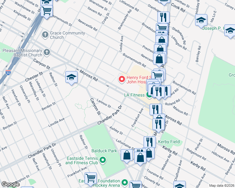 map of restaurants, bars, coffee shops, grocery stores, and more near 5662 Hillcrest Street in Grosse Pointe