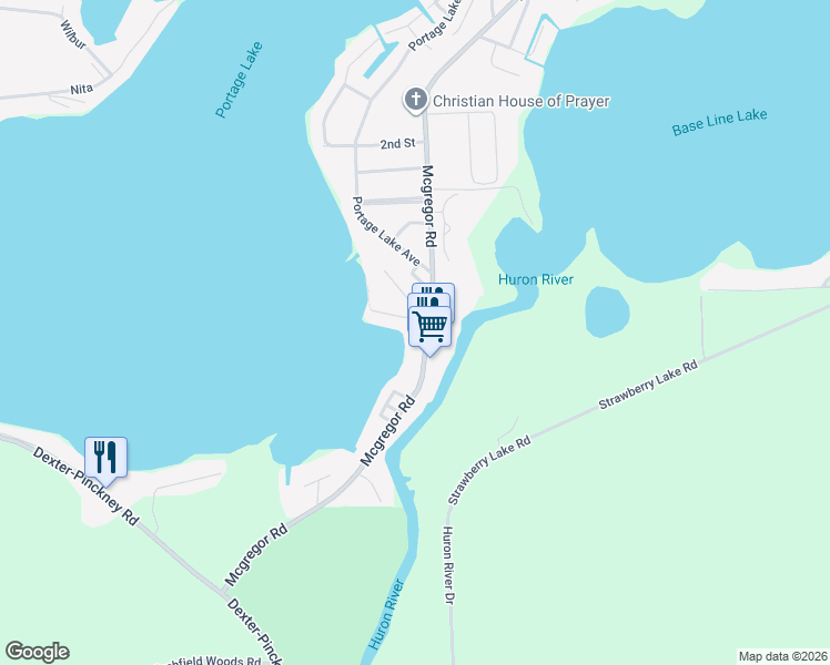 map of restaurants, bars, coffee shops, grocery stores, and more near 9280 Mcgregor Road in Pinckney