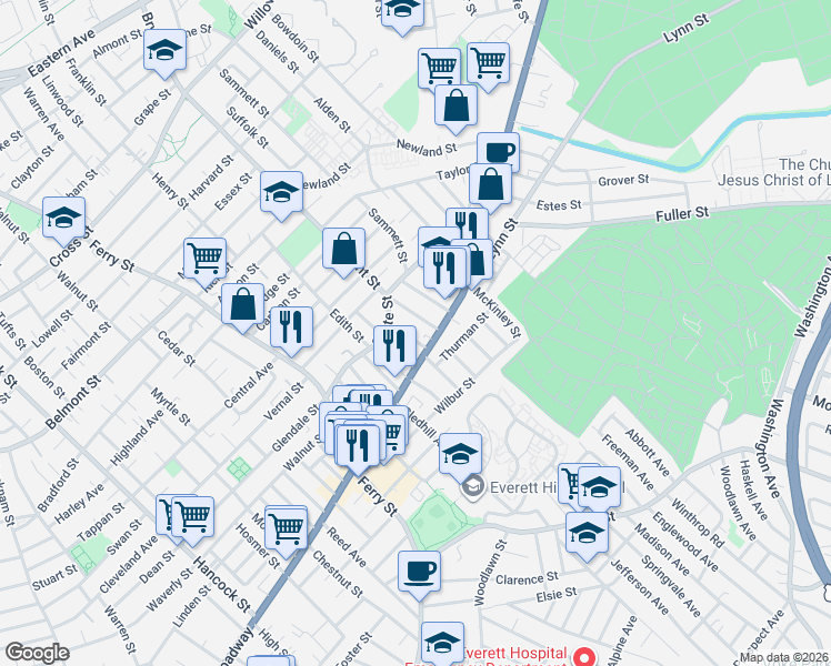 map of restaurants, bars, coffee shops, grocery stores, and more near 13 Kenwood Road in Everett
