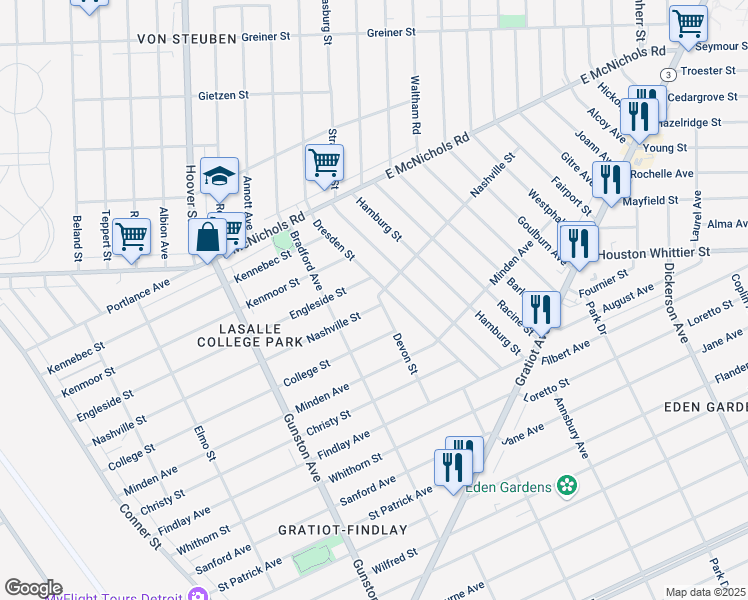 map of restaurants, bars, coffee shops, grocery stores, and more near 12070 Nashville Street in Detroit